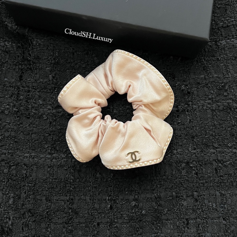 Auth Chanel Pearly Beige CC Logo Silk Scrunchy/ Hair Accessory